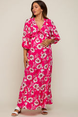 Fuchsia Floral V-Neck Dolman 3/4 Sleeve Maternity Midi Dress