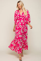 Fuchsia Floral V-Neck Dolman 3/4 Sleeve Midi Dress