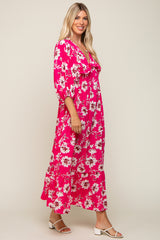 Fuchsia Floral V-Neck Dolman 3/4 Sleeve Midi Dress