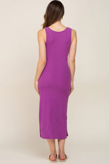 Purple Ribbed Side Slit Maternity Midi Dress