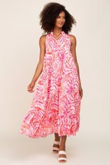 Pink Print Sleeveless Tiered Maxi