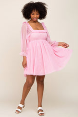 Pink Polka Dot Mesh 3/4 Sleeve Dress