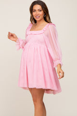 Pink Polka Dot Mesh 3/4 Sleeve Maternity Dress