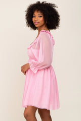 Pink Polka Dot Mesh 3/4 Sleeve Dress