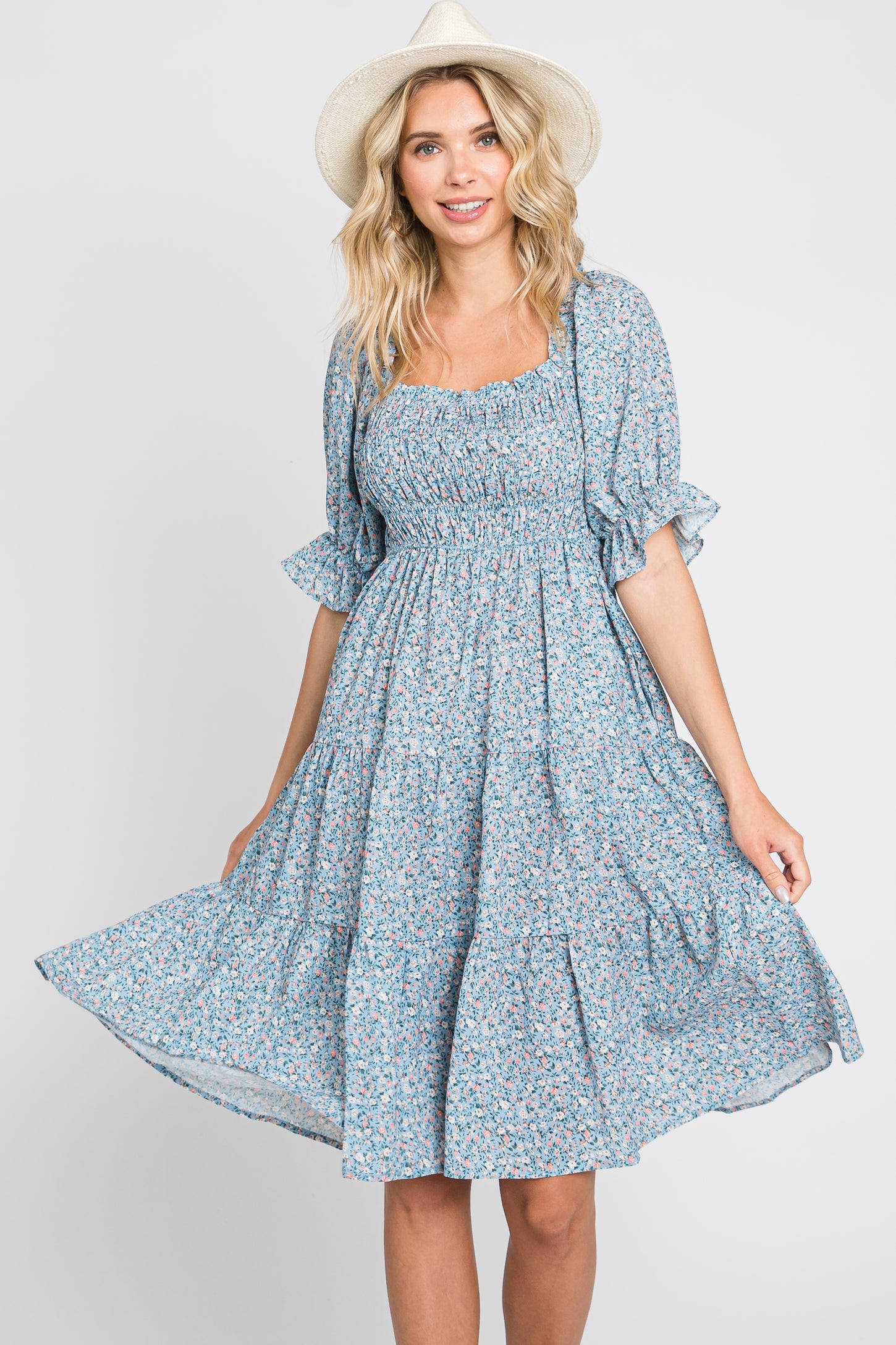 Blue Floral Smocked Tiered Maternity Dress– PinkBlush
