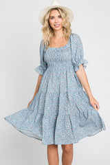 Blue Floral Smocked Tiered Maternity Dress