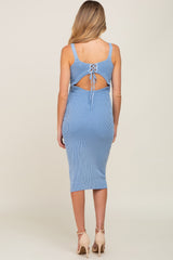 Blue Rib Knit Lace Up Back Maternity Midi Dress