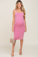 Pink Rib Knit Lace Up Back Maternity Midi Dress