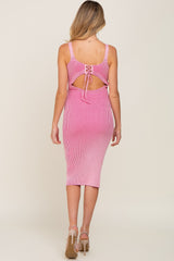 Pink Rib Knit Lace Up Back Maternity Midi Dress