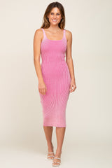 Pink Rib Knit Lace Up Back Maternity Midi Dress