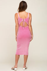 Pink Rib Knit Lace Up Back Midi Dress