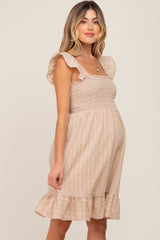 Taupe Textured Sleeveless Smocked Maternity Dress