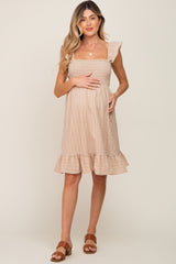 Taupe Textured Sleeveless Smocked Maternity Dress