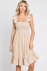 Taupe Textured Sleeveless Smocked Maternity Dress