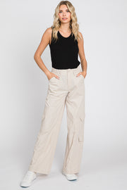 Cream Cargo Elastic Waist Pants