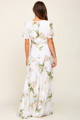 White Floral Chiffon Wrap Front Short Sleeve Maxi Dress