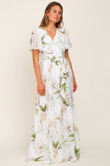 White Floral Chiffon Wrap Front Short Sleeve Maxi Dress