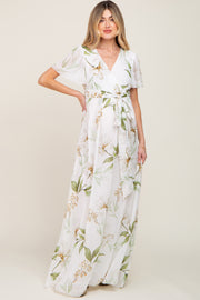 White Floral Chiffon Wrap Front Short Sleeve Maternity Maxi Dress