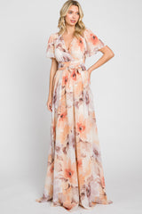 Peach Floral Chiffon Wrap Front Short Sleeve Maxi Dress