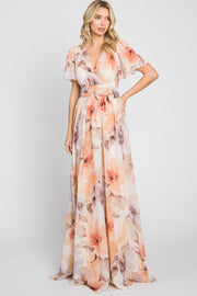 Peach Floral Chiffon Wrap Front Short Sleeve Maxi Dress