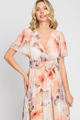 Peach Floral Chiffon Wrap Front Short Sleeve Maxi Dress