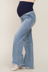 Light Blue Fringe Hem Maternity Wide Leg Jeans