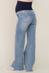 Light Blue Fringe Hem Maternity Wide Leg Jeans