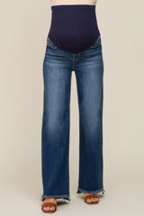 Navy Blue Fringe Hem Maternity Wide Leg Jeans