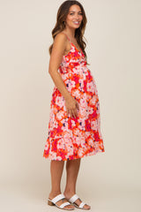 Fuchsia Floral Twist Front Maternity Midi Dress