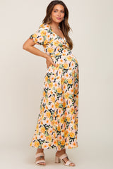 Black Floral Satin Ruched V-Neck Puff Short Sleeve Maternity Maxi Dress