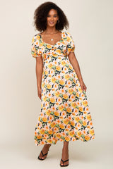 Black Floral Satin Ruched V-Neck Puff Short Sleeve Maternity Maxi Dress