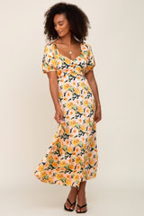 Black Floral Satin Ruched V-Neck Puff Short Sleeve Maxi Dress