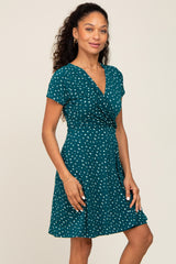 Teal Wrap Front V-Neck Short Sleeve Dress