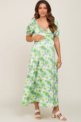 Blue Floral Satin Ruched V-Neck Puff Short Sleeve Maternity Maxi Dress