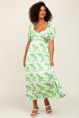 Blue Floral Satin Ruched V-Neck Puff Short Sleeve Maxi Dress