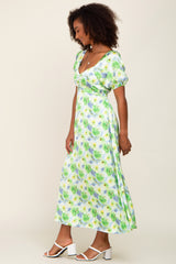 Blue Floral Satin Ruched V-Neck Puff Short Sleeve Maxi Dress