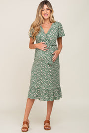 Olive Floral Wrap Front V-Neck Tied Waist Maternity Dress