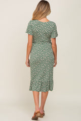 Olive Floral Wrap Front V-Neck Tied Waist Maternity Dress