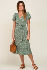 Olive Floral Wrap Front V-Neck Tied Waist Dress