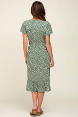 Olive Floral Wrap Front V-Neck Tied Waist Dress