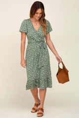 Olive Floral Wrap Front V-Neck Tied Waist Dress