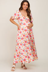 Pink Floral Satin Ruched V-Neck Puff Short Sleeve Maternity Maxi Dress