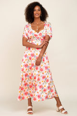 Pink Floral Satin Ruched V-Neck Puff Short Sleeve Maxi Dress