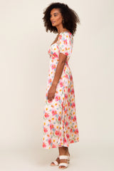 Pink Floral Satin Ruched V-Neck Puff Short Sleeve Maxi Dress