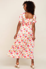 Pink Floral Satin Ruched V-Neck Puff Short Sleeve Maxi Dress