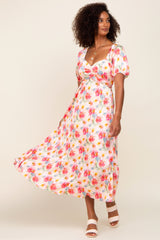 Pink Floral Satin Ruched V-Neck Puff Short Sleeve Maxi Dress