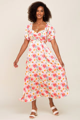 Pink Floral Satin Ruched V-Neck Puff Short Sleeve Maxi Dress