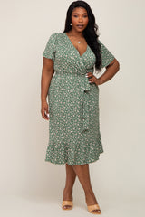 Olive Floral Wrap Front V-Neck Tied Waist Plus Dress