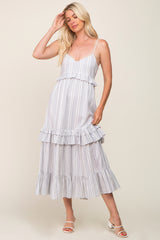 Ivory Striped Ruffle Tiered Maternity Midi Dress