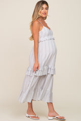 Ivory Striped Ruffle Tiered Maternity Midi Dress